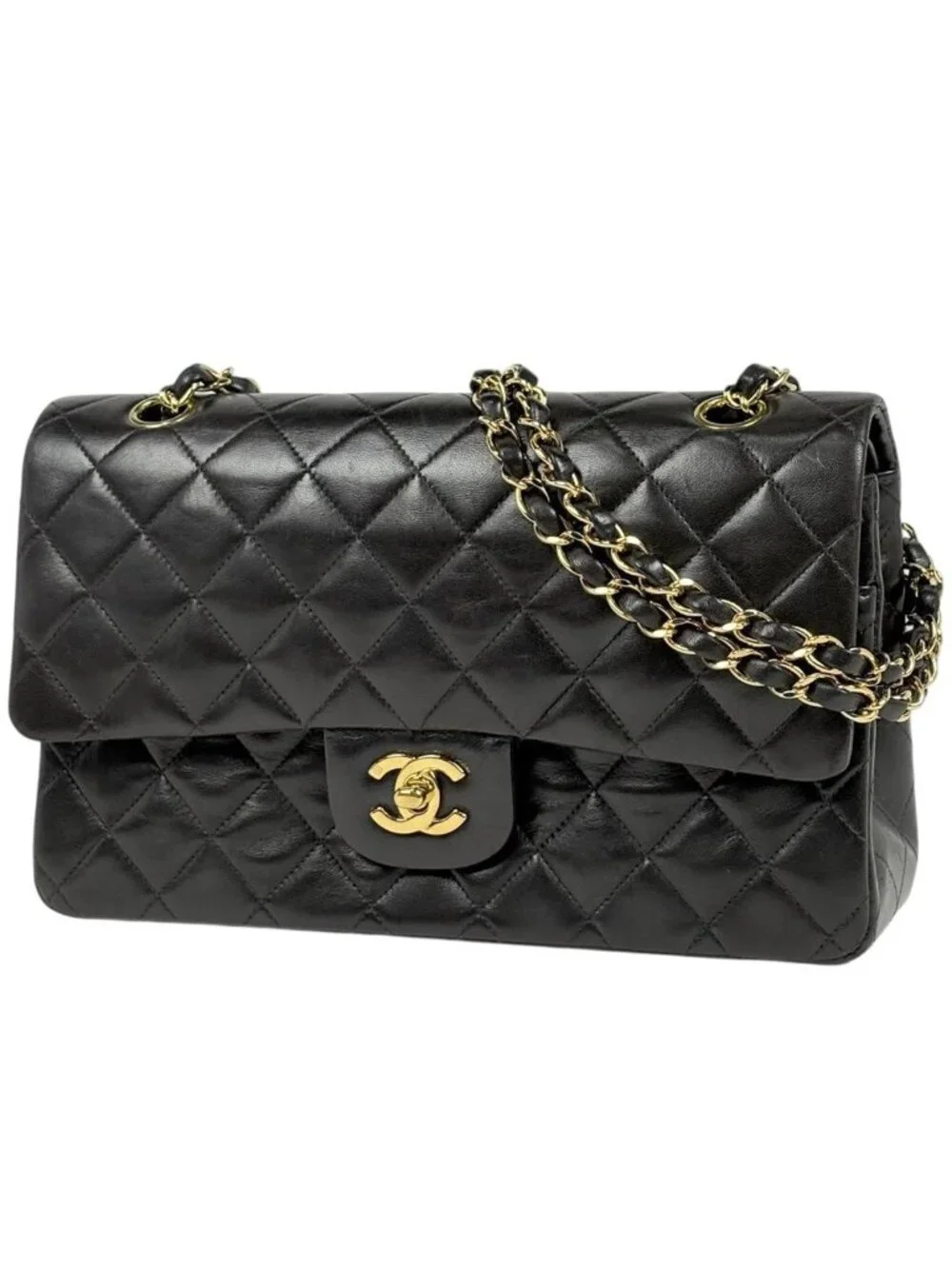 Chanel Quilted Double Flap Chain Shoulder Bag CC Logo Leather Black
